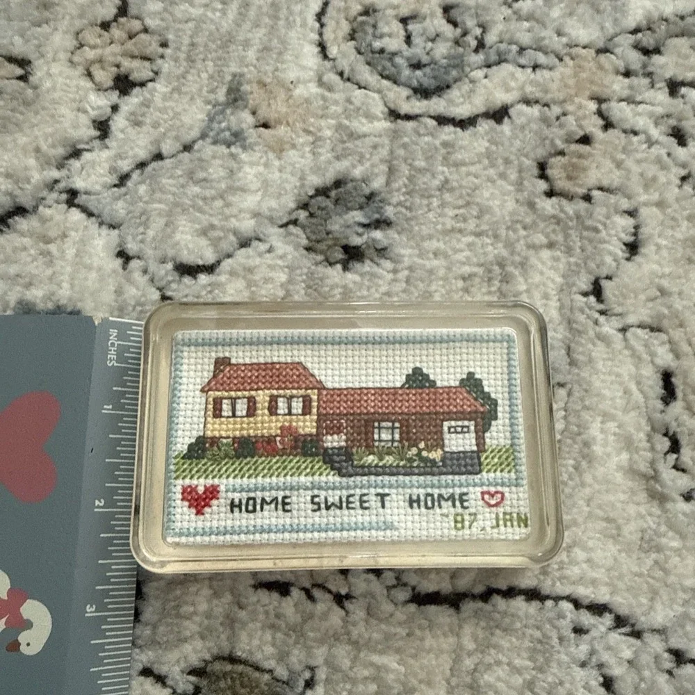 Vintage Miniature Home Sweet Home Sign Needlepoint Style Tri-level Home 1987